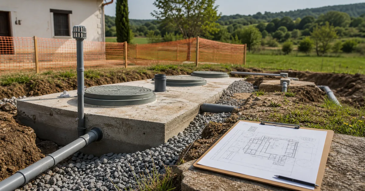 Registros, tuberías y zona de obra preparada para planificar una fosa séptica con seguridad