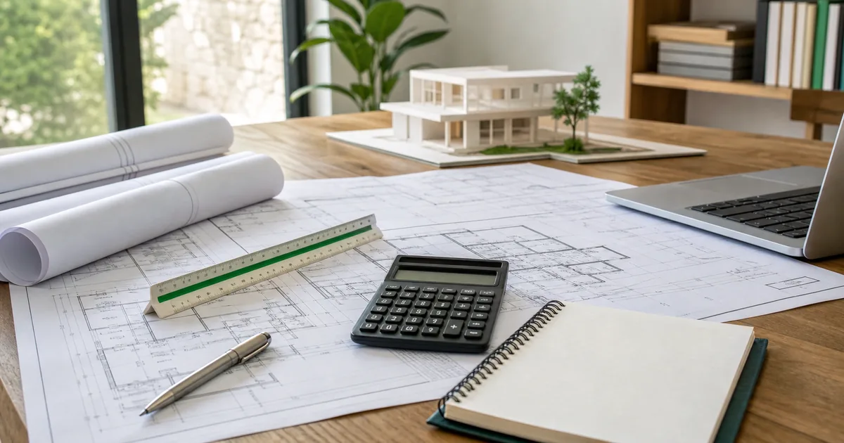 Planos, calculadora y documentos para comparar honorarios de arquitecto por fases