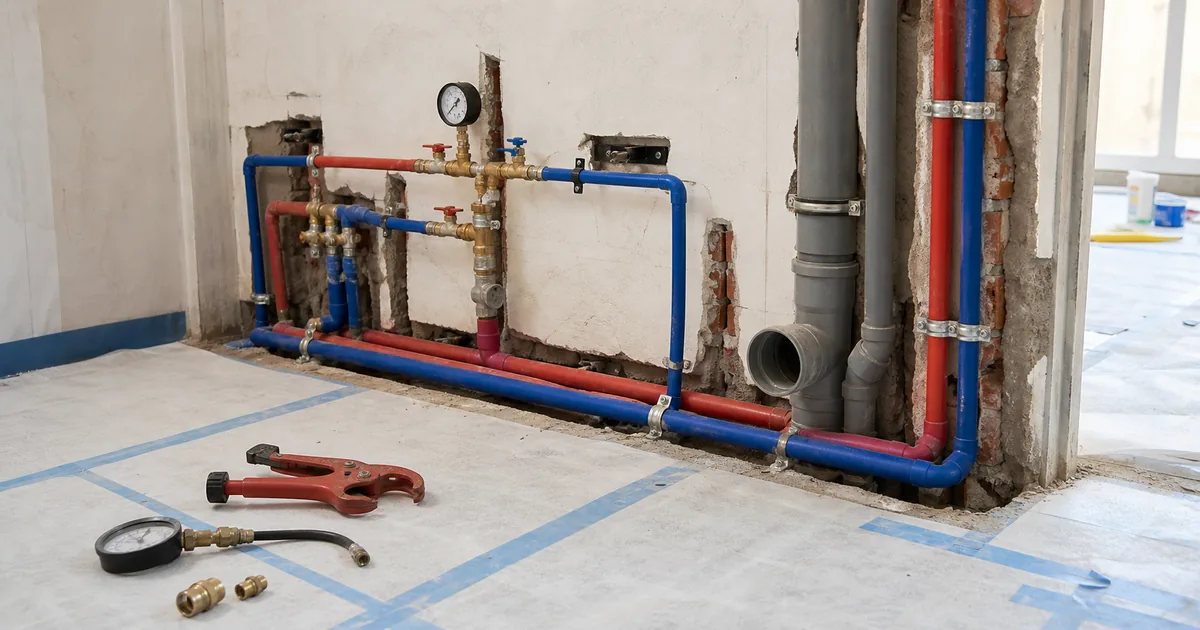 Tuberías de agua fría, caliente y desagüe con válvulas listas para pruebas antes de cerrar una reforma