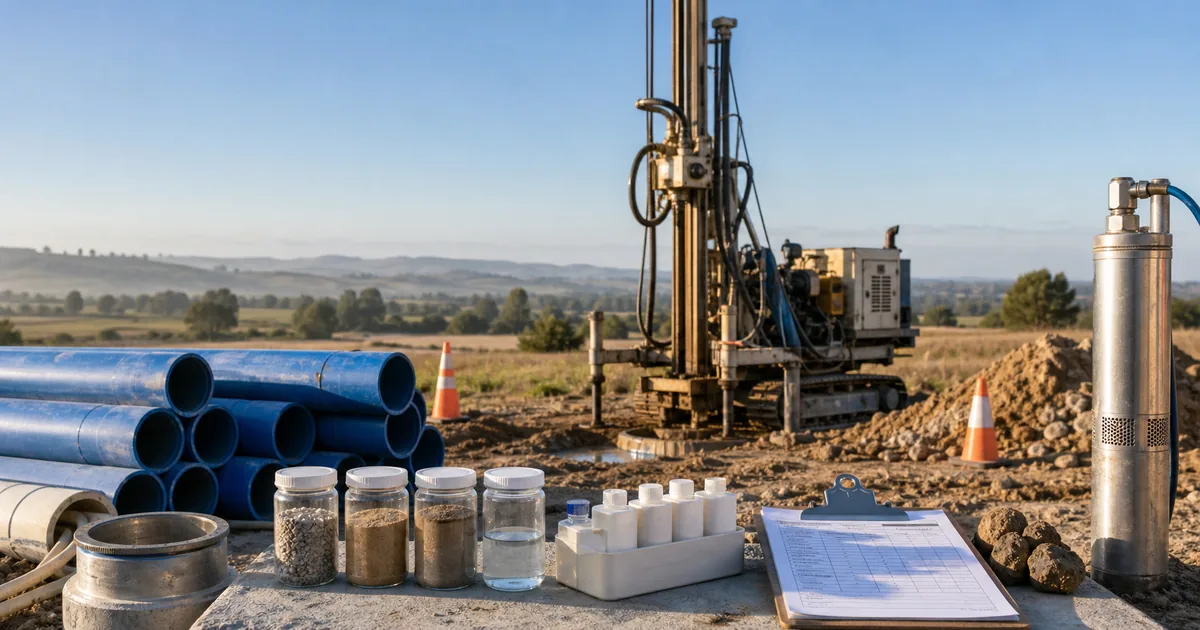 Equipo de perforación, tubos de encamisado y muestras de terreno para planificar un pozo de agua